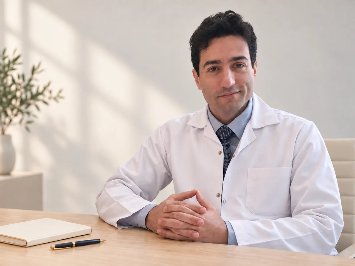 AI-assisted editorial composite of Dr Haber in a calm setting for conversation
