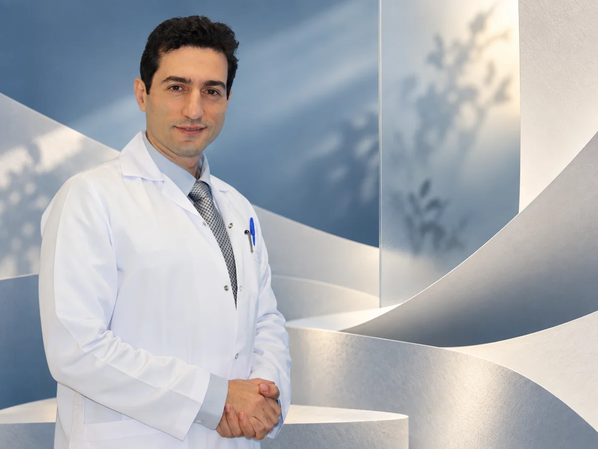 AI-assisted editorial portrait composite of Dr Haber with paper and glass forms