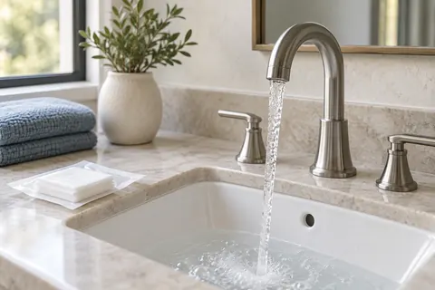 Editorial photograph of running water and gauze on a dry counter beside a sink
