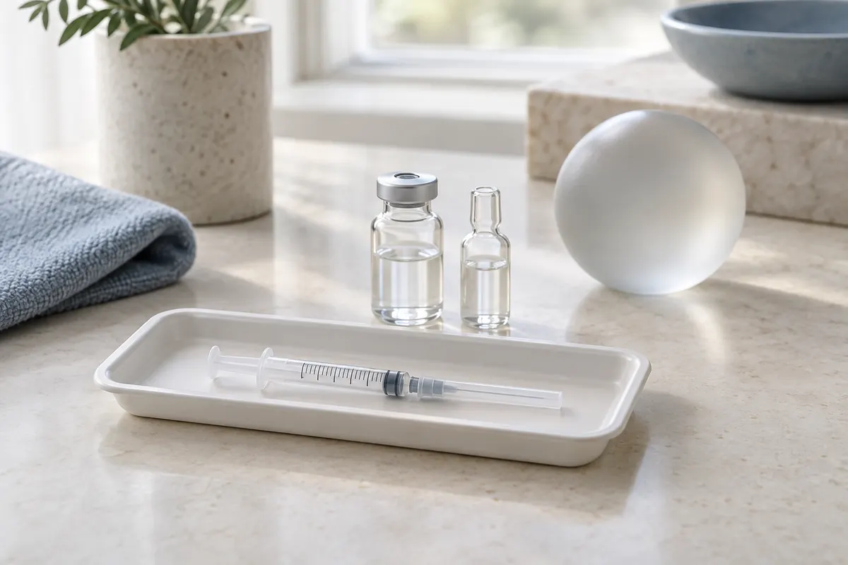 Editorial still life of a capped syringe and glass vessels for a guide to volume treatment options