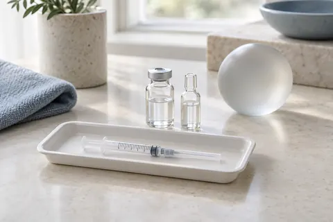 Editorial still life of a capped syringe and glass vessels for a guide to volume treatment options