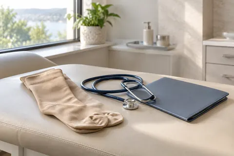 Editorial still life of compression stockings, a stethoscope and a consultation folder