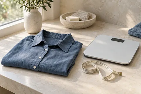 Editorial still life of a folded shirt, scale and measuring tape for planning after weight loss